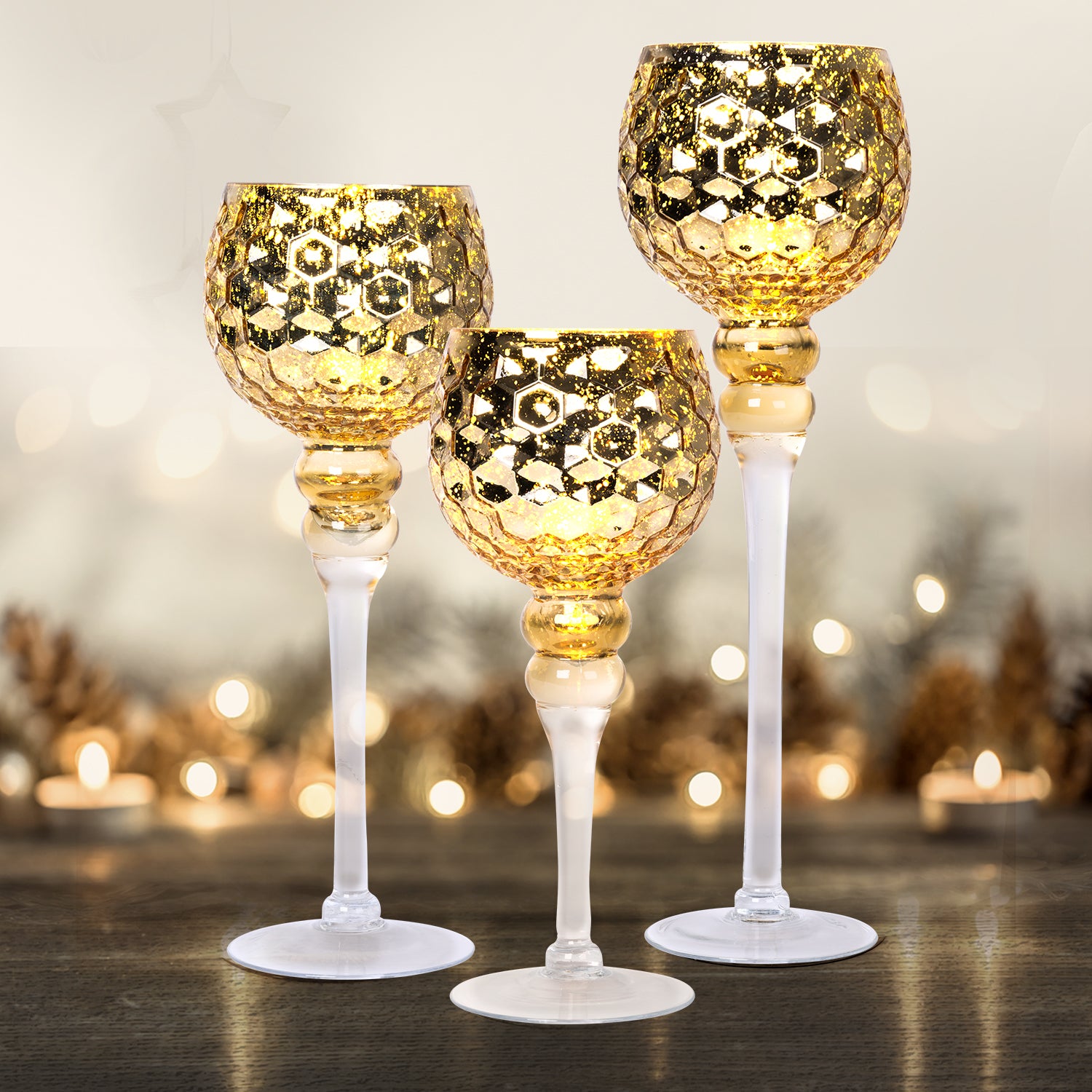 VESTIAMO CASA GRAN NATALE - Calici Portacandele in Vetro Dorato - set 3 pezzi